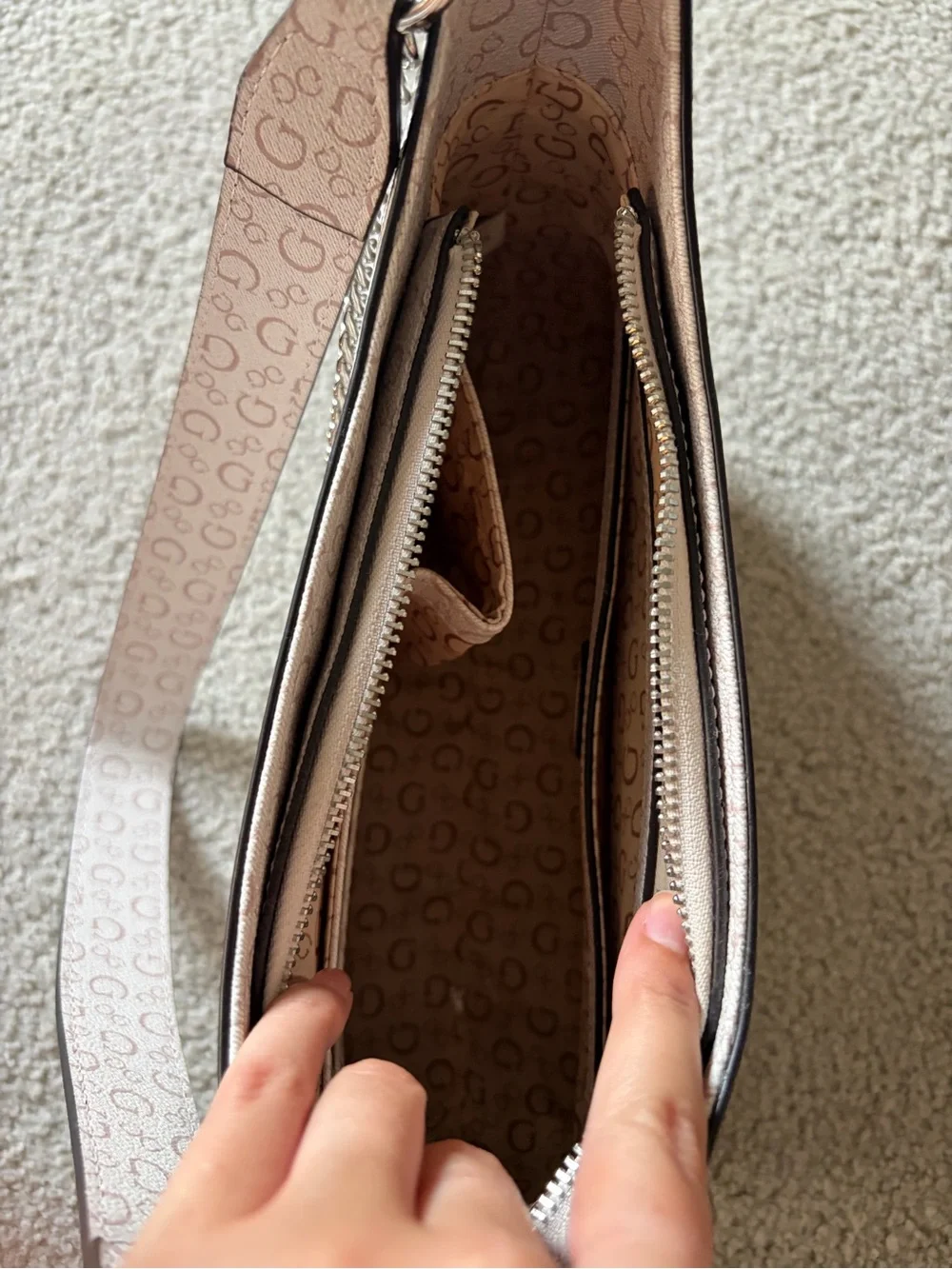 GUESS Beige Logo-Print Shoulder Bag with Silver Chain